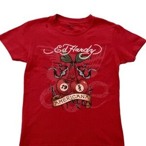 MGK ED Hardy Red Cherries Rhinestone Lost in America Tee Shirt Machine Gun Kelly